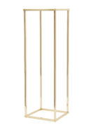 A 32″ tall rectangular gold metal wedding flower stand with an open design, four vertical bars, square bases at the top and bottom, and an acrylic board; available in a 4 pack.