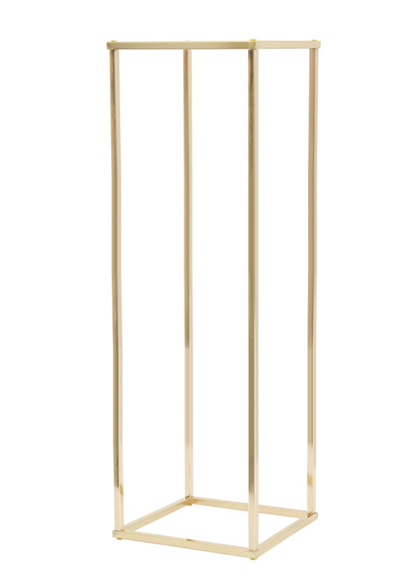 A 32″ tall rectangular gold metal wedding flower stand with an open design, four vertical bars, square bases at the top and bottom, and an acrylic board; available in a 4 pack.