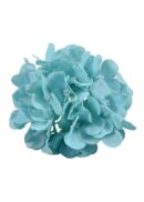 A cluster of light blue artificial hydrangea flowers with delicate, overlapping petals and small white centers, arranged in a rounded bouquet.
