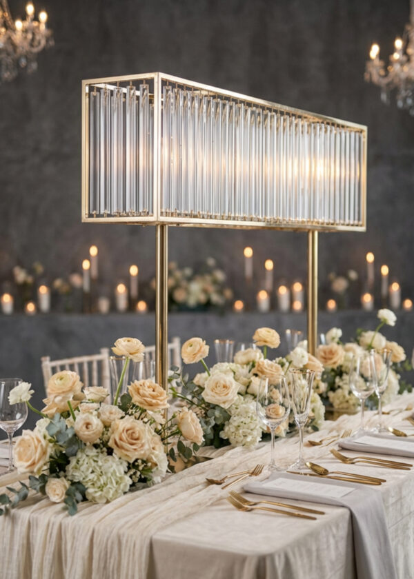 Elegant table setting with cream and white flowers, gold cutlery, glassware, and a Rectangular Centerpiece with Decorative Crystal Strips and Candle Bases in Gold (39⅖" tall). Candlelight adds sophistication against a dark gray background.