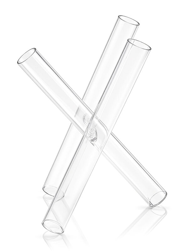 Three transparent glass tubes intersect and lean together, standing upright on a white background. This abstract, geometric structure is the Floral Criss Cross Tube Vase Wholesale 16½" Tall—ideal for displaying modern arrangements.