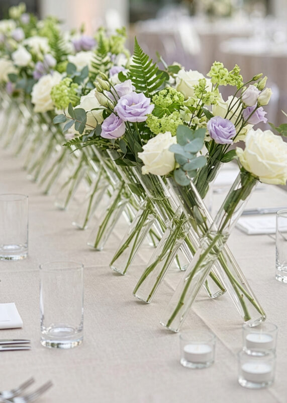 A row of Floral Criss Cross Tube Vase Wholesale 16½" Tall filled with white and light purple flowers and green foliage decorates a beige tablecloth, surrounded by empty glasses, napkins, and tealight candles.