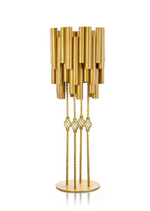 The 4.6ft Tall Gold Pipe Wedding Table Centerpiece Stand is a modern sculptural floral pedestal with layered cylindrical pipes and a round base—an eye-catching geometric piece for contemporary décor.