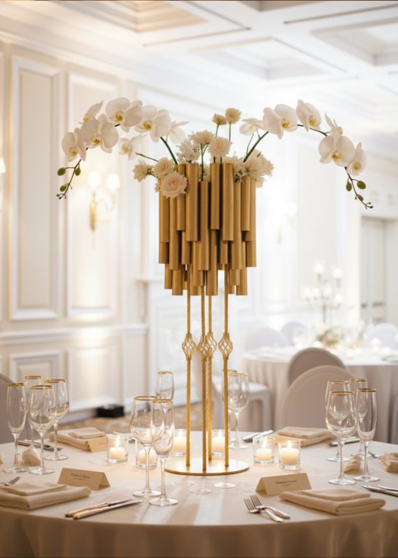 A round table set with glassware, candles, and name cards showcases the 4.6ft Tall Gold Pipe Wedding Table Centerpiece Stand, a modern sculptural floral pedestal adorned with white orchids and roses in a bright banquet hall.