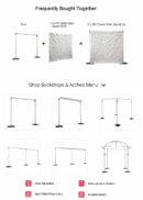 Diagram shows how a pipe frame and the 8x8ft Magenta Pink Peony Flower Wall together create a stunning 8x8 ft backdrop; images below display different backdrop and arch frames. Icons highlight unique features.