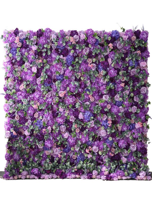 The 8x8ft Purple Lilac Eucalyptus Hydrangea Rose Flower Wall features lush purple, lavender, and pink blooms with green leaves, creating a vibrant and eye-catching decorative backdrop.