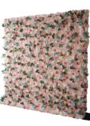 The 8x8ft Peach Peony Rose Eucalyptus Lamb Ear Leaf Flower Wall is a large, square floral backdrop lushly adorned with peach peonies, roses, eucalyptus, and lamb ear leaves for striking decoration.