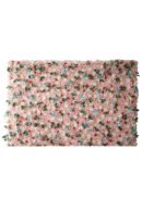 The 8x8ft Peach Peony Rose Eucalyptus Lamb Ear Leaf Flower Wall features lush peach flowers and greenery, creating a vibrant rectangular floral backdrop.