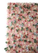 The 8x8ft Peach Peony Rose Eucalyptus Lamb Ear Leaf Flower Wall features tightly packed peach, cream, and pink roses with green eucalyptus leaves set against a white background.
