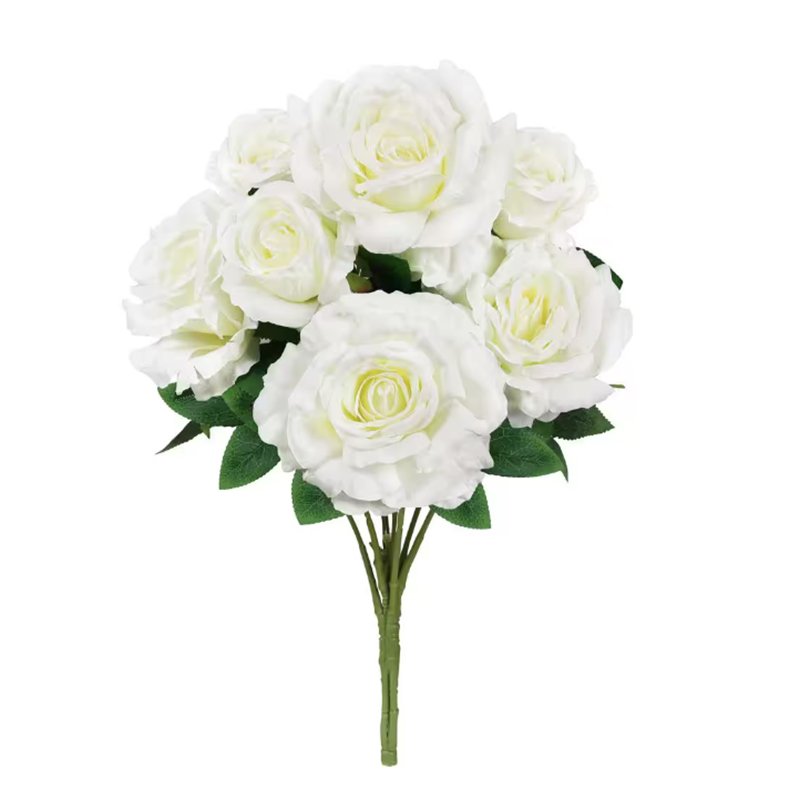 A bouquet of artificial white roses with green leaves, arranged on green stems against a plain white background.
