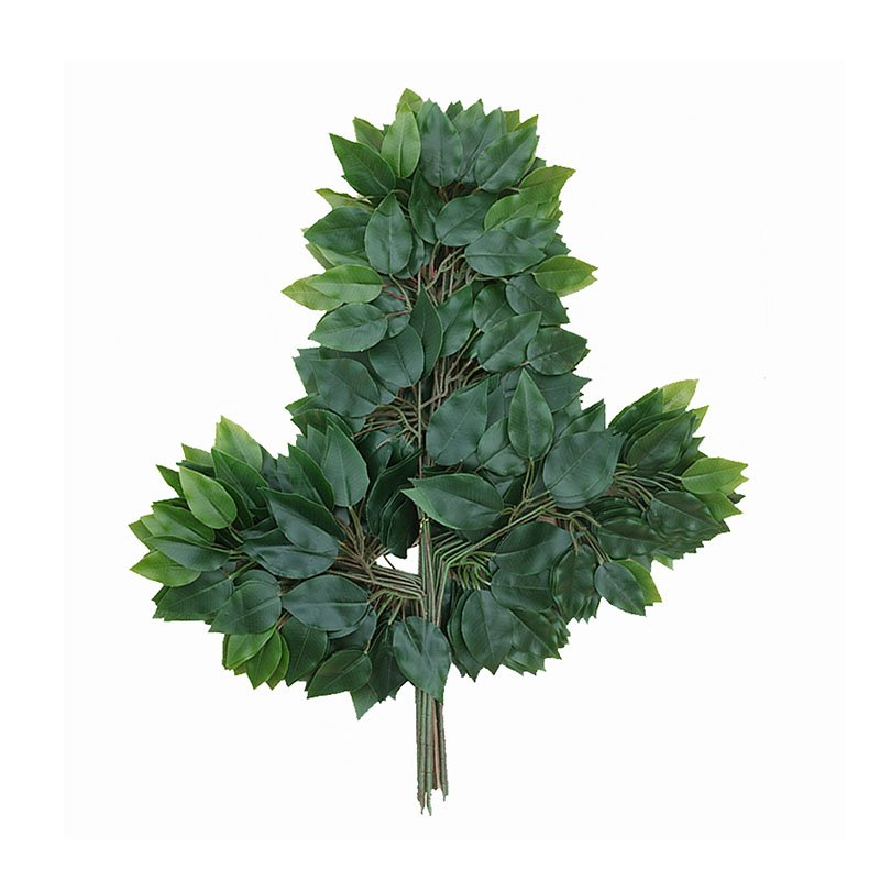A bunch of artificial green leaves arranged in the shape of a tree, with multiple stems clustered together against a plain white background.
