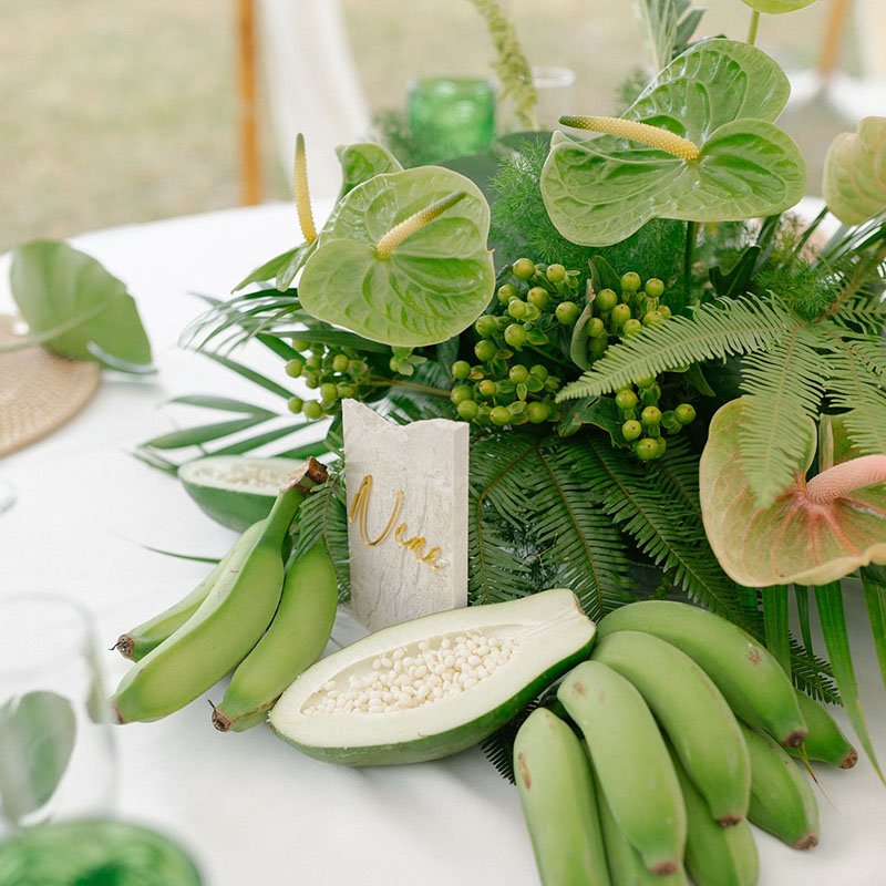 A tropical table centerpiece with green bananas, a split chayote squash displaying white seeds, green anthurium flowers, ferns, and a small marble place card labeled “Vane” in gold script.
