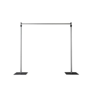 A freestanding metal pipe and drape frame with two vertical poles, a horizontal crossbar, and rectangular bases, set against a plain white background.