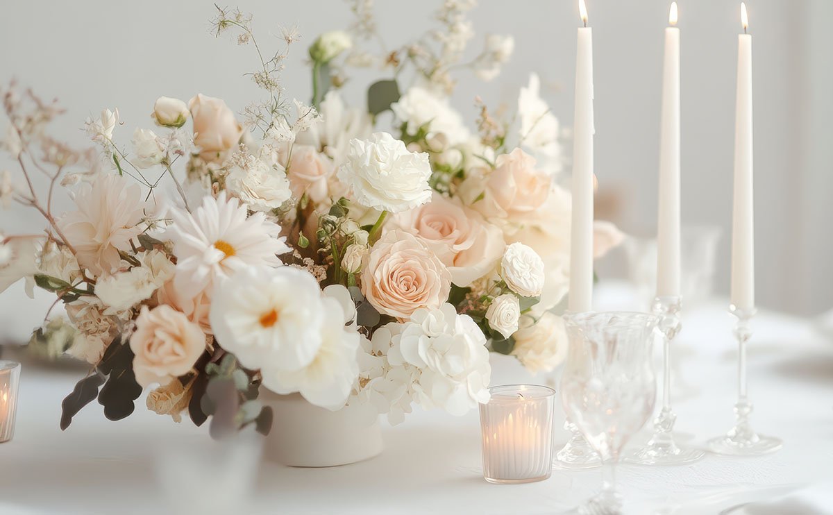 A white table displays a floral arrangement of pale roses, daisies, and greenery next to three lit white taper candles and glass votive holders, creating an elegant, romantic atmosphere.