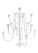 A luxurious 44" crystal candelabra with 13 arms, black lampshades, and LED lights—an elegant wedding table centerpiece.
