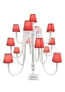 The Wedding Candelabra 44" Tall features 13 curved arms with red LED lampshades, making it a striking table centerpiece for weddings and parties, shown here against a white background.