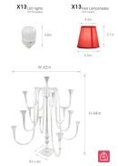 The Wedding Candelabra 44" Tall features 13 arms, red removable lampshades, and rechargeable LED lights. Measures 44”H x 42”W with an 8” square base—ideal as a table centerpiece for weddings and parties.