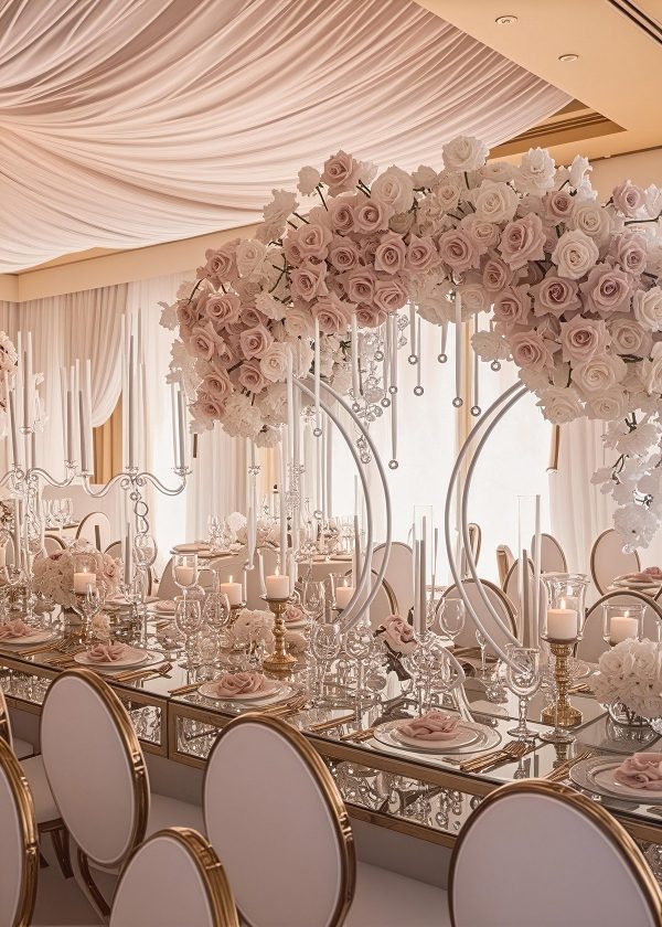 A refined wedding reception table features 31½" tall white bridge style centerpieces, mirrored tabletop, gold-rimmed chairs, blush and white roses arches, tall candles, fine glassware, blush napkins, beneath a draped and softly lit ceiling.