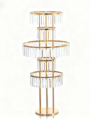 Introducing the 5.3ft Tall 5-Tier Crystal Chandelier Wedding Centerpiece Stand – Gold Metal Floral Display (2 Pack): Featuring a striking gold multi-tiered design, each circular glass shelf is adorned with hanging clear crystal prisms. Standing on a round gold base, this modern and elegant stand serves as an ideal tall floral centerpiece for showcasing stunning arrangements at any event.