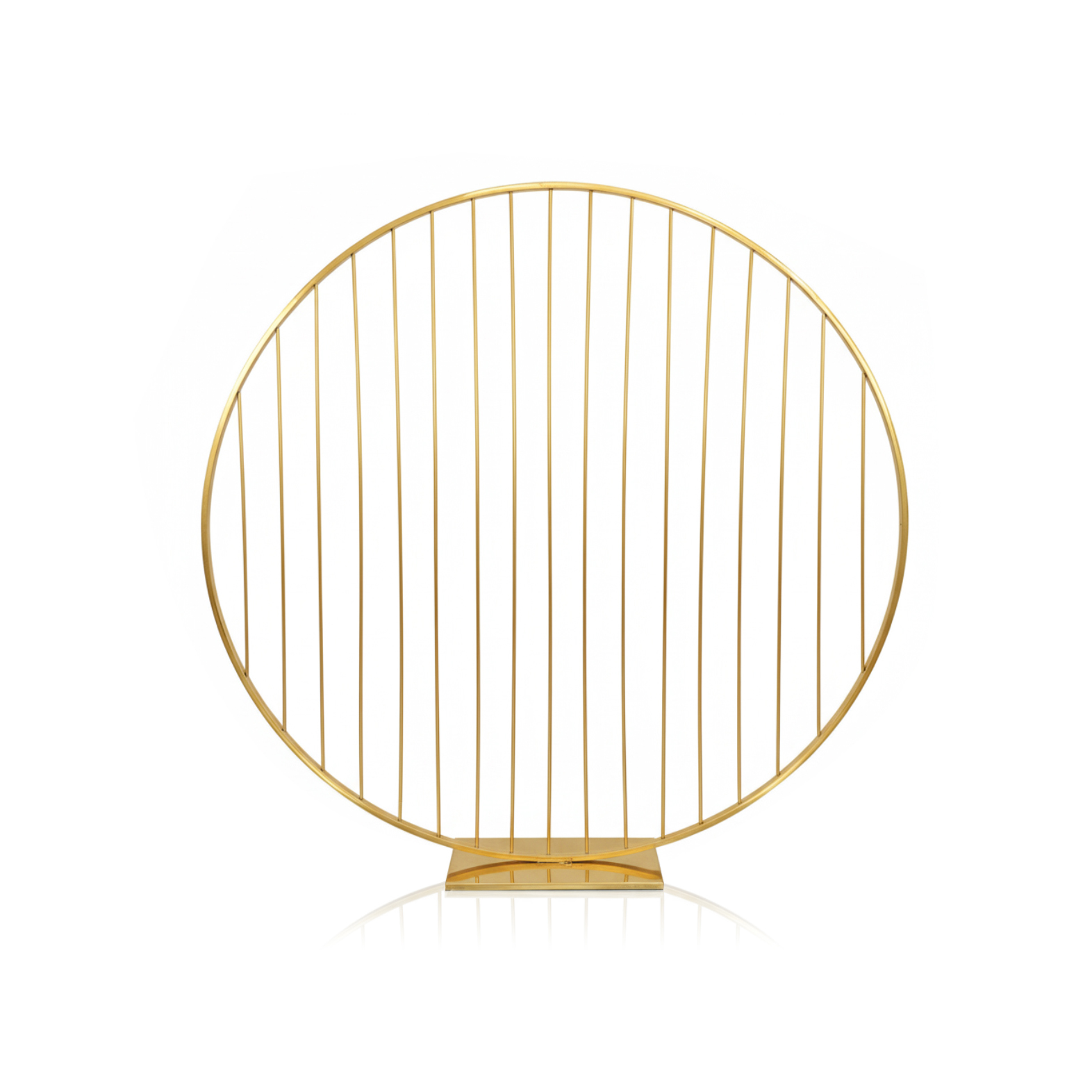 A large, circular gold metal frame with vertical bars and a flat base, standing upright against a white background.