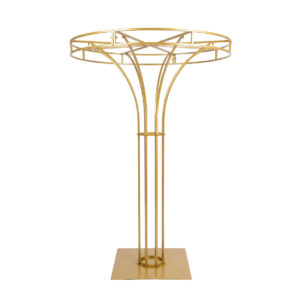 A tall, gold metal stand with a circular top and geometric, branching supports, set on a square base. The design is modern and symmetrical, resembling an abstract tree or architectural structure.