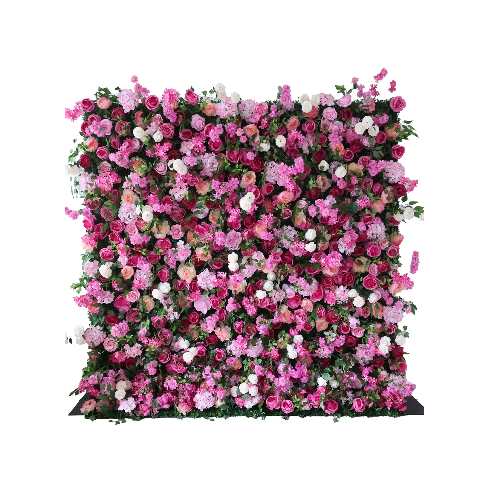 A square floral wall densely covered with a variety of pink, purple, and white flowers and green leaves, arranged in a lush, vibrant display against a plain white background.