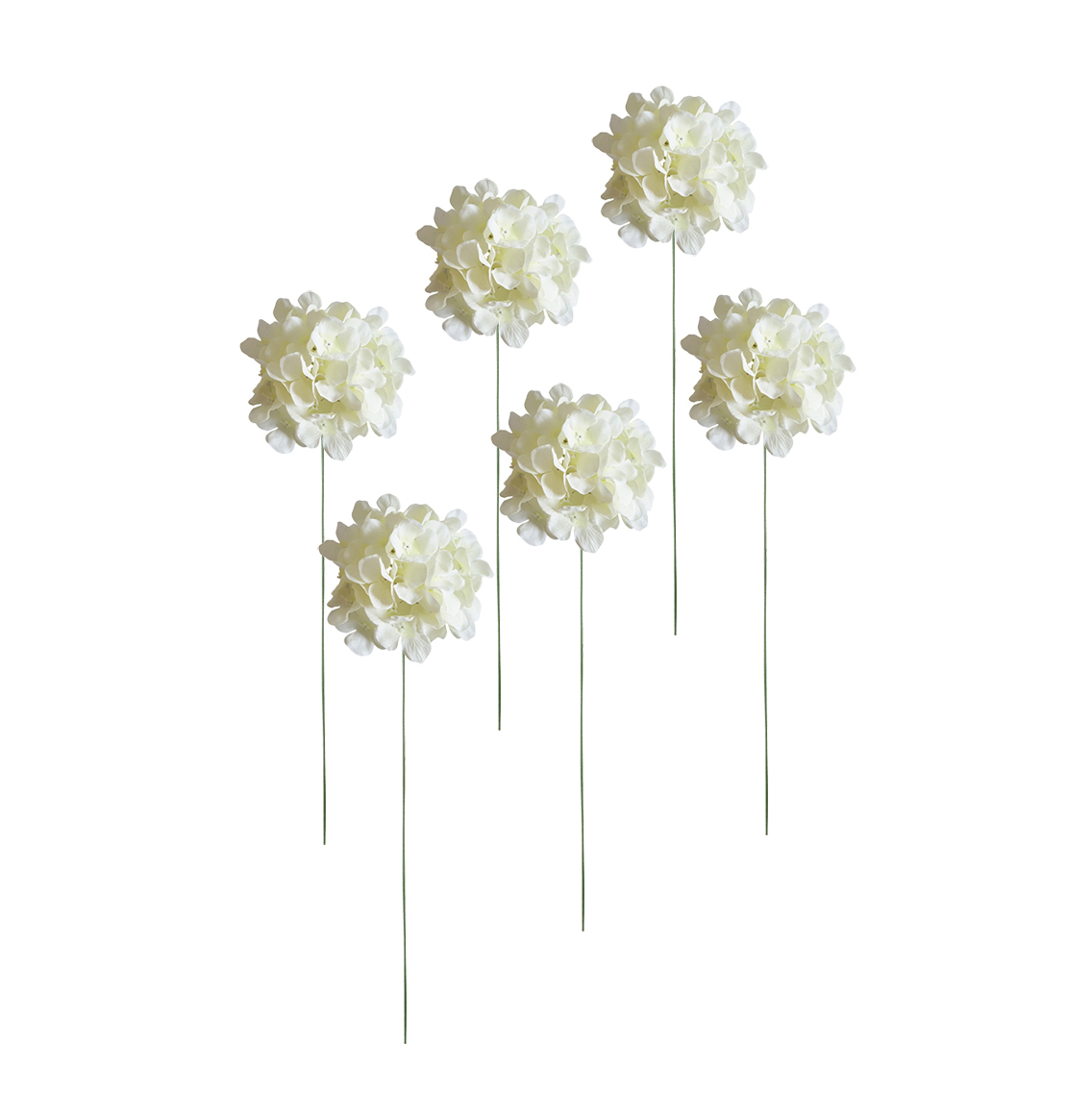 Five artificial white hydrangea flowers with long green stems are arranged against a plain white background.