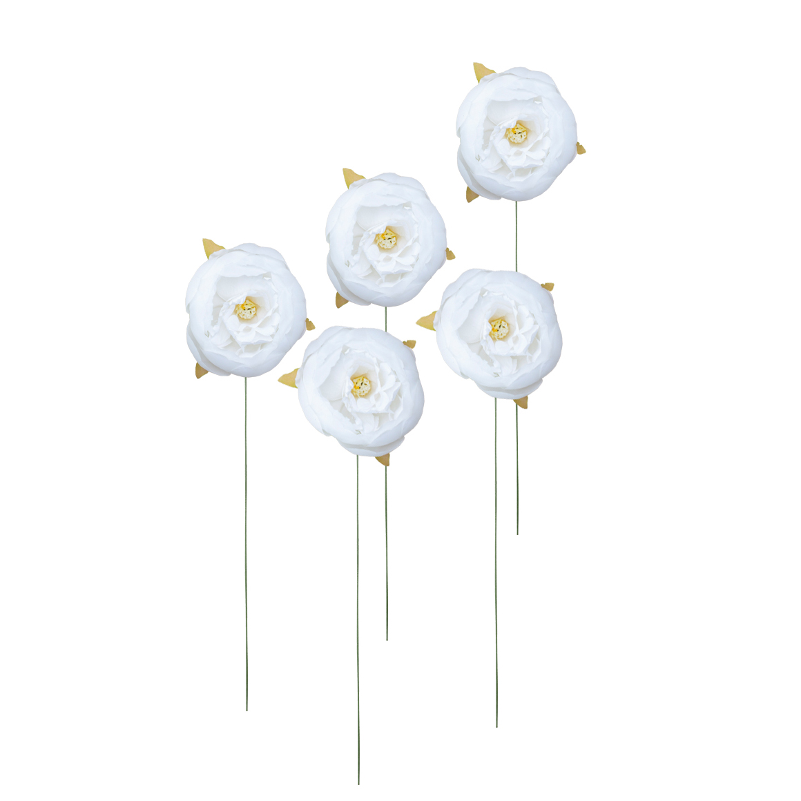 Four white artificial flowers with delicate petals and yellow centers, each on a long, thin green stem, are arranged against a plain white background. Gold leaves are positioned behind each flower.