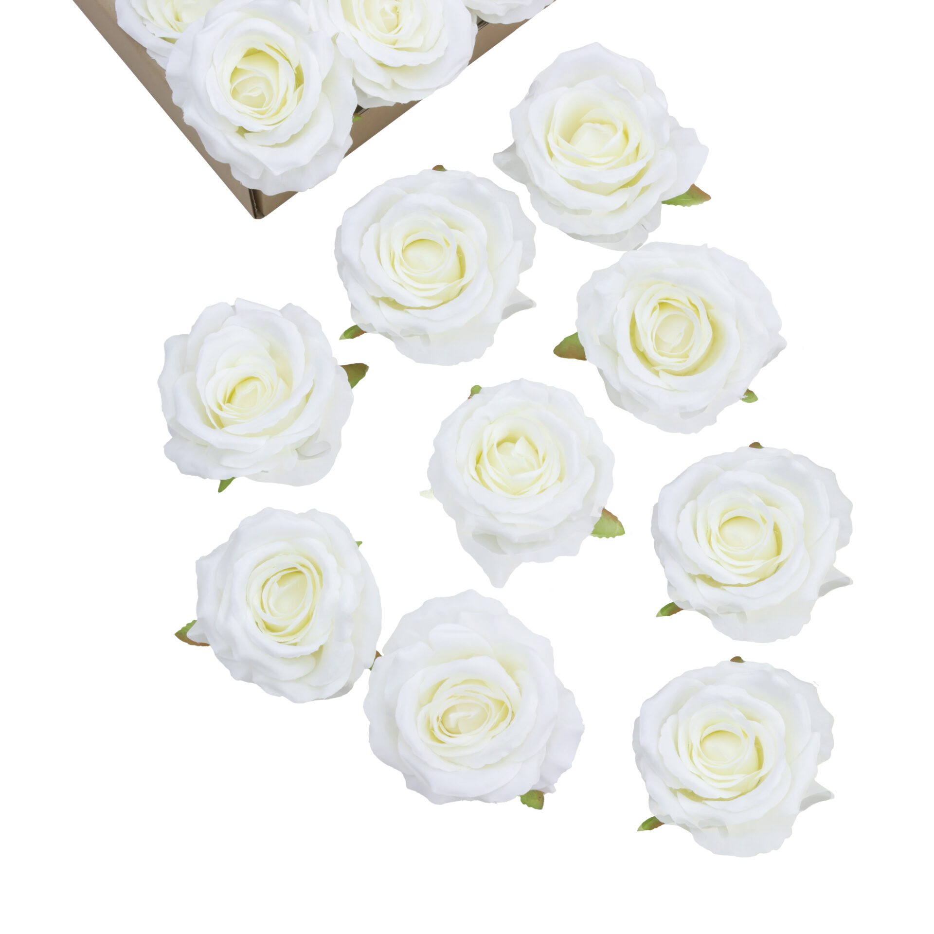 Ten artificial white roses with light yellow centers are arranged on a white background, with more roses partially visible in a box at the top left corner.