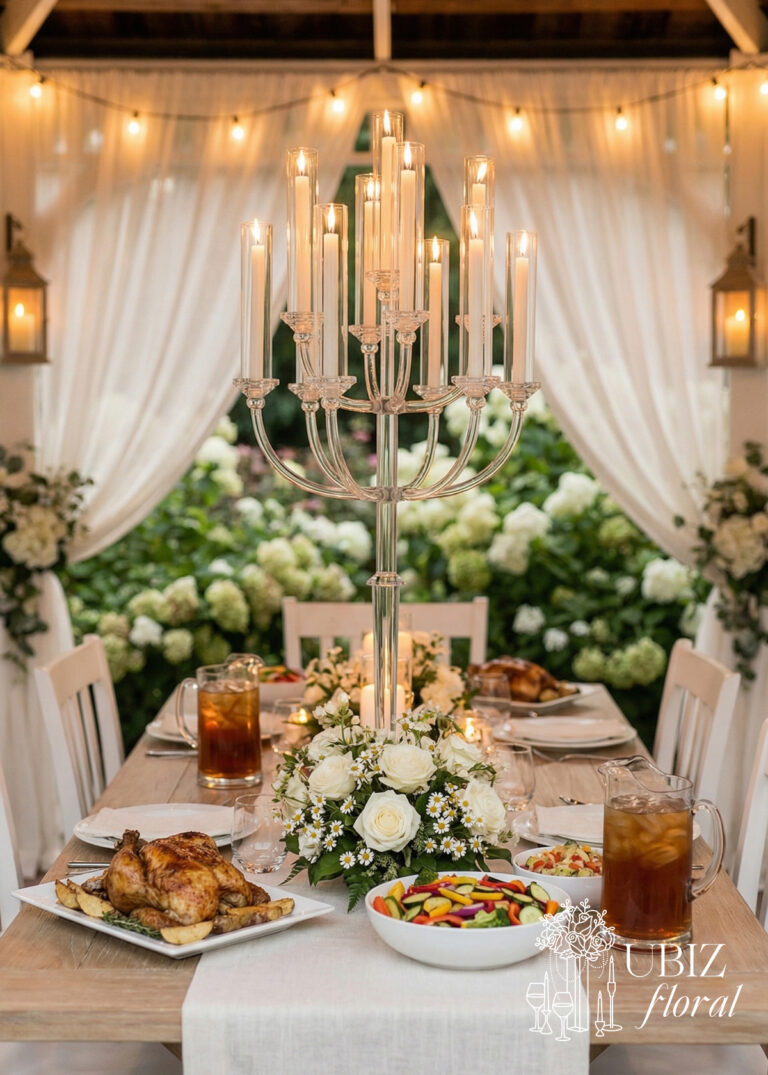 A beautifully set dining table featuring the 13-Head Clear Crystal Candelabra Wedding Table Centerpiece, white flowers, roast chicken, salads, and elegant place settings glows under string lights and white drapery in a charming garden setting.