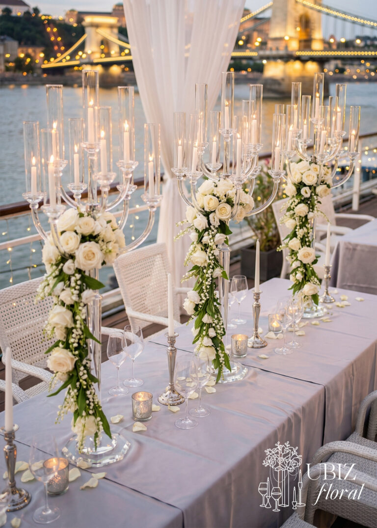 A beautifully set outdoor table features the 13-Head Clear Crystal Candelabra Wedding Table Centerpiece, adorned with white roses and greenery. Silver candles and glassware add a luxurious, romantic touch overlooking a river at sunset.