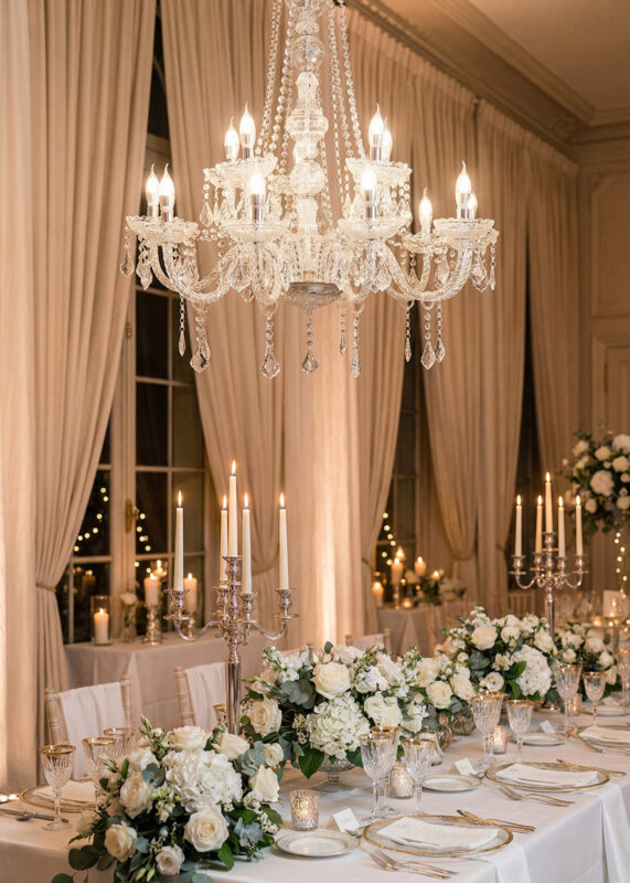 Elegant banquet table set with white florals, tall candelabras, and sparkling glassware beneath a 15-Light Silver 2-Tier Crystal & Glass-Style Chandelier (3.2’H x 2.8’W) featuring crown top bead drapes for wedding or event lighting in a softly lit room.