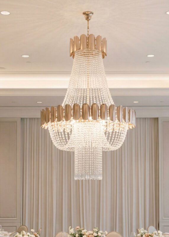 The 4FT Gold Crystal Waterfall Chandelier (2.8FT W) with a scalloped crown and tiered design hangs elegantly in a bright room with white drapes, soft lighting, and floral centerpieces, perfect for adding sophistication to weddings or events.