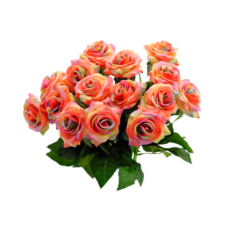 A bouquet of artificial roses with petals in shades of pink, orange, and yellow, surrounded by green leaves, set against a white background.