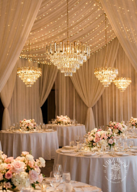 Elegant wedding reception hall with round tables, white and pink floral centerpieces, cream drapes, warm string lights, and a Gold Crystal Drum Chandelier with Tiered Prism Drops (17"H x 25"W) for stunning ceiling lighting.