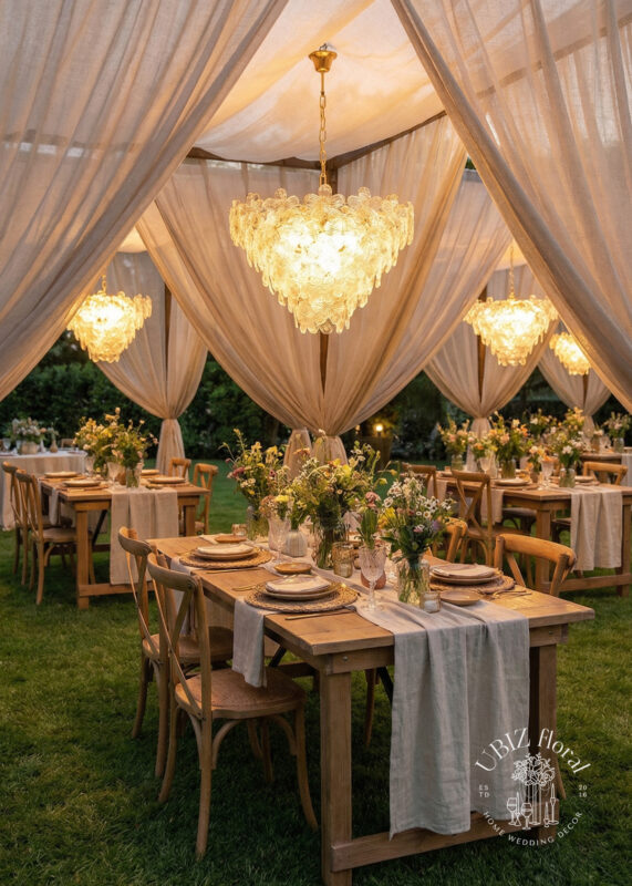 Elegant outdoor dining under canopies with flowing white fabric and an Ivory-Lavender Acrylic Flower Petal Chandelier. Wooden tables with floral centerpieces, plates, and glassware set a romantic scene amid greenery at dusk.