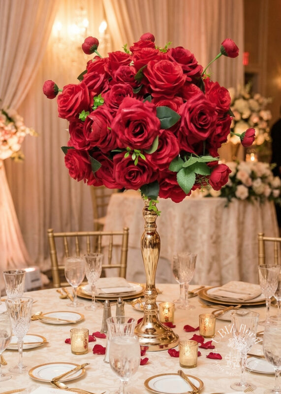 A tall gold vase holds a large flower ball of red roses as a table centerpiece. The table is set with glassware, white plates, and gold cutlery, with rose petals and small candles decorating the white tablecloth.
