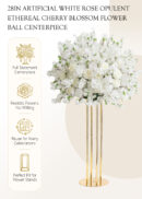 Large, round white and pink artificial flower ball arrangement with roses and cherry blossoms sits atop a tall, gold metal stand. Features a full centerpiece, realistic look, reusable design, and is compatible with flower stands.
