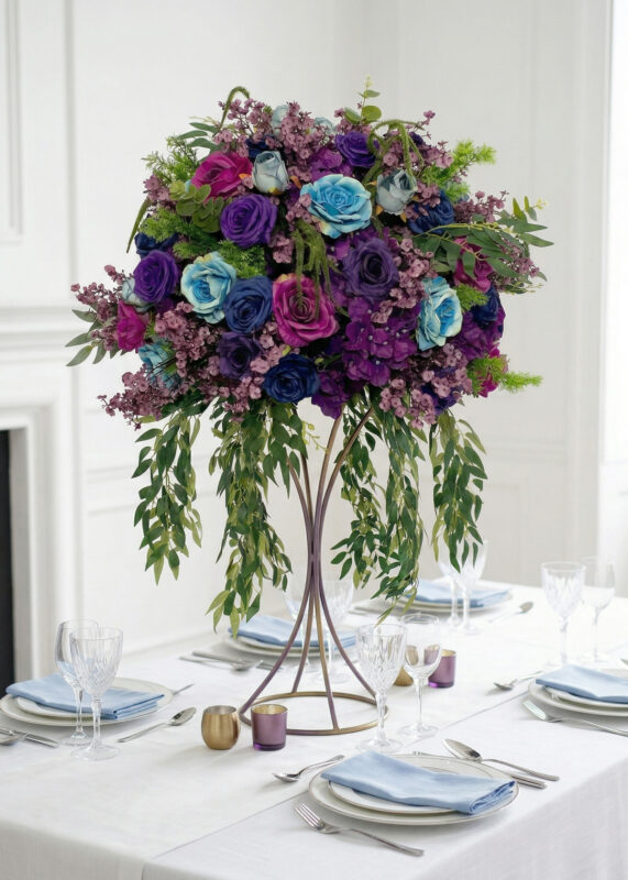 A tall floral centerpiece with blue, purple, and magenta flowers, accented by green leaves, sits on a modern metal stand as the focal point of an elegant white table set with light blue napkins and glassware.