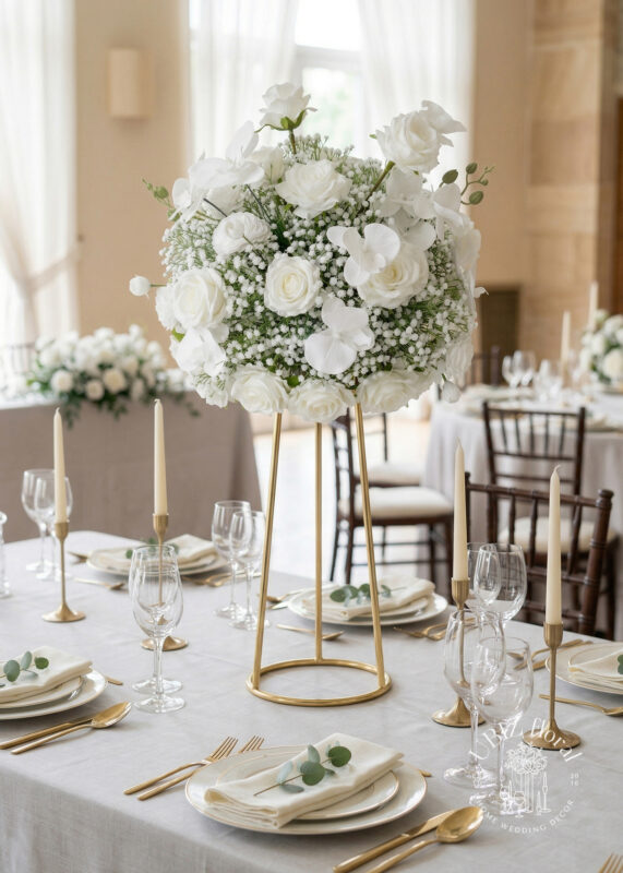A tall gold stand holds a lush flower ball of white rose, orchids, and baby's breath as a stunning centerpiece on an elegant table set with white linens, gold cutlery, neutral napkins, and tall ivory candles.
