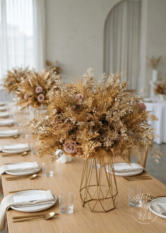 A modern table centerpiece features a large burgundy and beige flower ball arrangement with touches of muted pink, set in a geometric gold vase on a wooden table, surrounded by neatly set plates and neutral napkins.