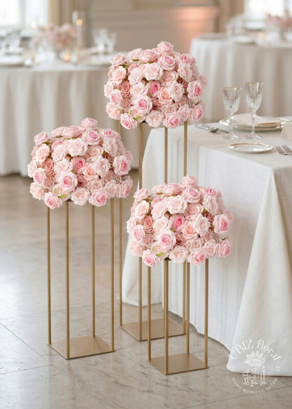 Three gold stands of varying heights display large, 24in flower ball centerpieces made of soft pink roses. The elegant floral decor enhances a bright, sophisticated event space with white tablecloths and glassware.