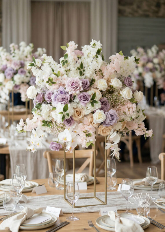 Elegant table centerpiece with mocha rose, pastel pink, white, and lavender flowers arranged in a 28in gold geometric stand, surrounded by set dining tables with glassware, plates, and cream-colored napkins.