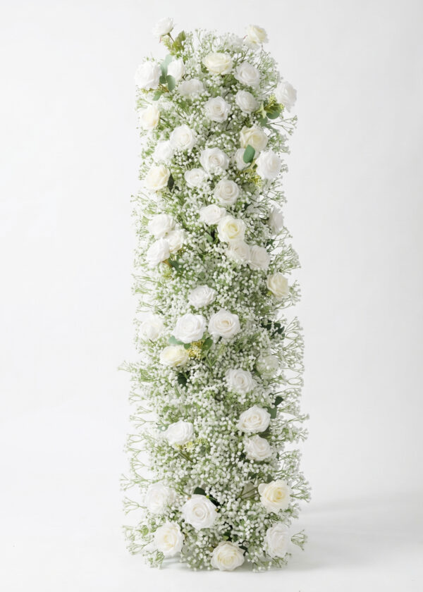 The 40in White Rose Baby Breath Luxe Radiant Flower Runner Garland features white roses and baby’s breath, ideal for wedding arches, tables, or stairs—a sophisticated décor piece perfect for elegant events. Size: 40"x18".