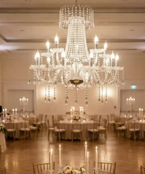A grand ballroom with round tables set for an event, featuring elegant place settings, tall candles, floral centerpieces, and a large crystal chandelier hanging overhead.