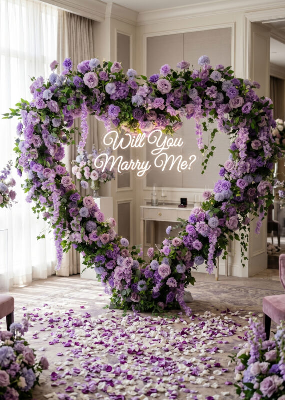 A dreamy and elegant 6.6ft Lavender Rose Heart Flower Backdrop, featuring a heart-shaped arch made of purple and lavender flowers with a “Will You Marry Me?” sign in the center, creates a stunning proposal setting surrounded by rose petals—perfect for wedding decor in an elegant room.