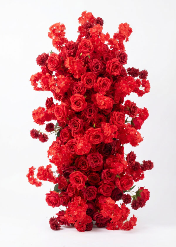 The 40in x 18in Artificial Red Rose Hydrangea Flower Runner features bold, densely packed red blooms in a luxurious garland, perfect for wedding tables or arch décor, styled against a plain white background for dramatic impact.