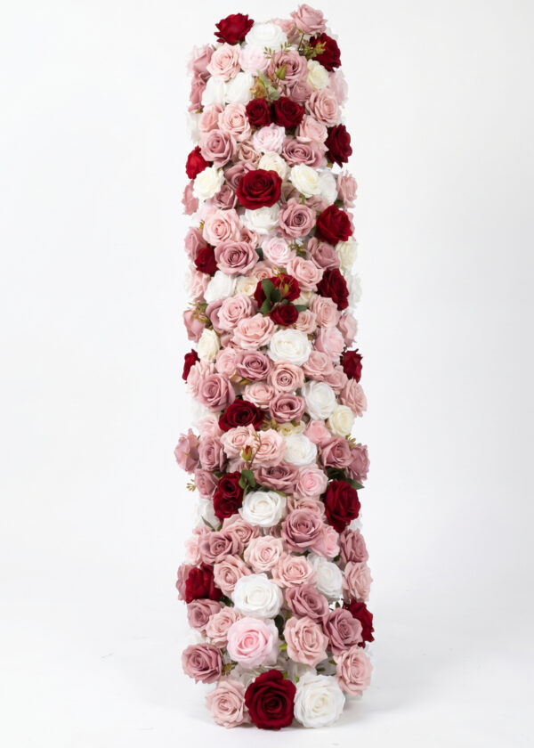 The Mauve Burgundy Rose Flower Runner, a 40"x18" romantic artificial garland for weddings or décor, showcases densely packed blooms in rich hues, forming a striking floral column against a plain white background.