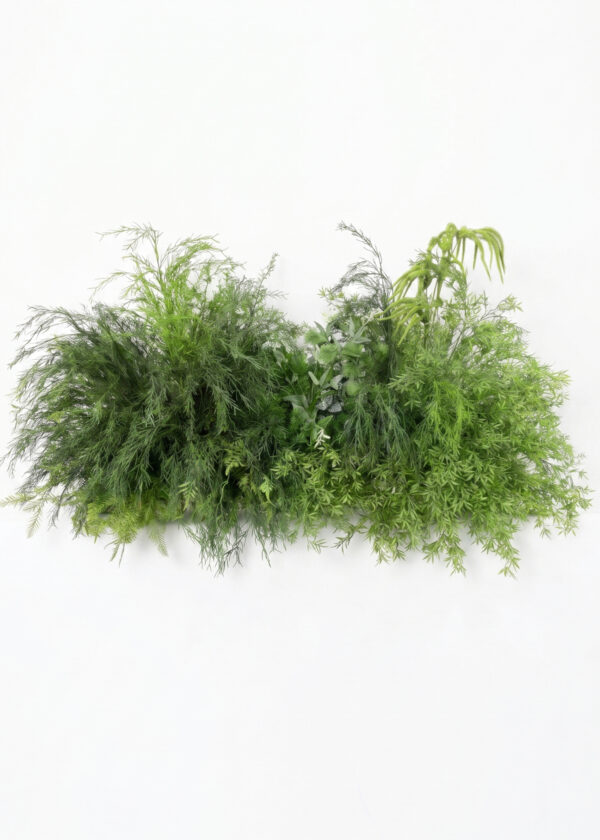 A cluster of various green leafy plants, intertwined with a purple flower runner, arranged closely together against a plain white background, creating a lush, natural display.