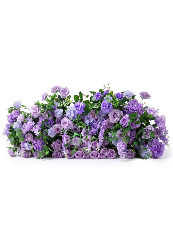 The Lavender Rose Hydrangea Floor Runner is a lush, elegant 40″x18″ wedding aisle decor featuring shades of purple, lavender, blush roses, and greenery on a white background.